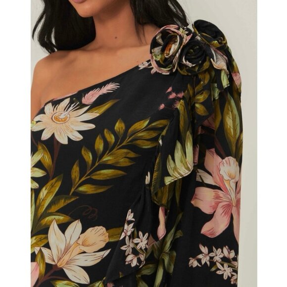 NWOT Farm Rio Black Surreal Flowers One-Shoulder Maxi Dress XS - Picture 10 of 12